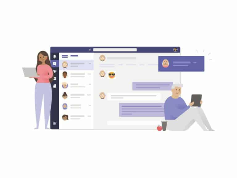 Cartoon graphic of the Microsoft Teams interface with two users next to it, one with a laptop standing and another with a tablet sitting