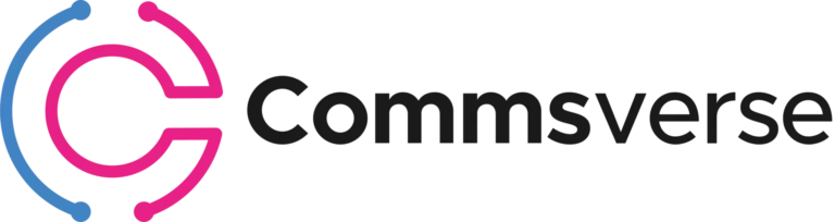Large Commserve logo in black blue and pink